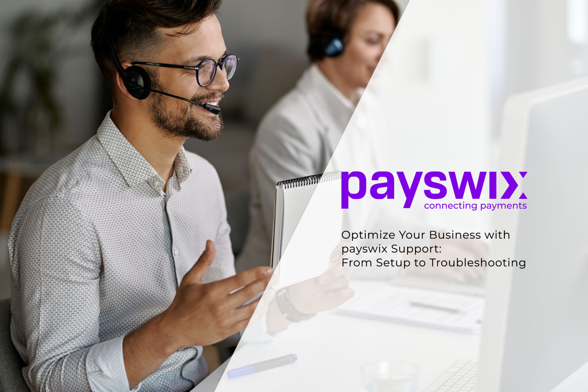 Happy payswix support representative using computer and having video call with clients while working